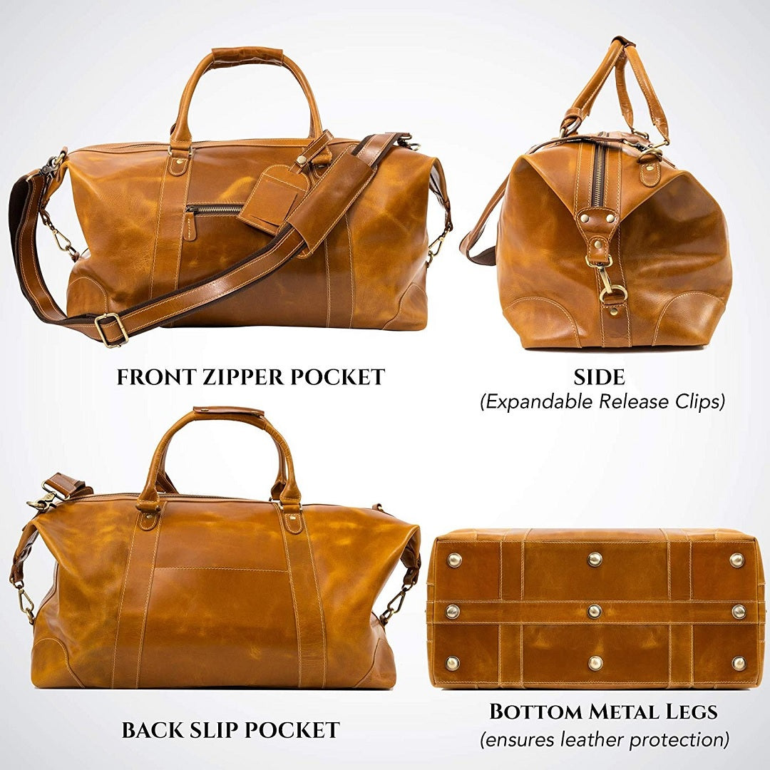 Viosi Vintage Expandable Duffel Bag Leather Weekender Luggage Travel B –  Newport Blvd